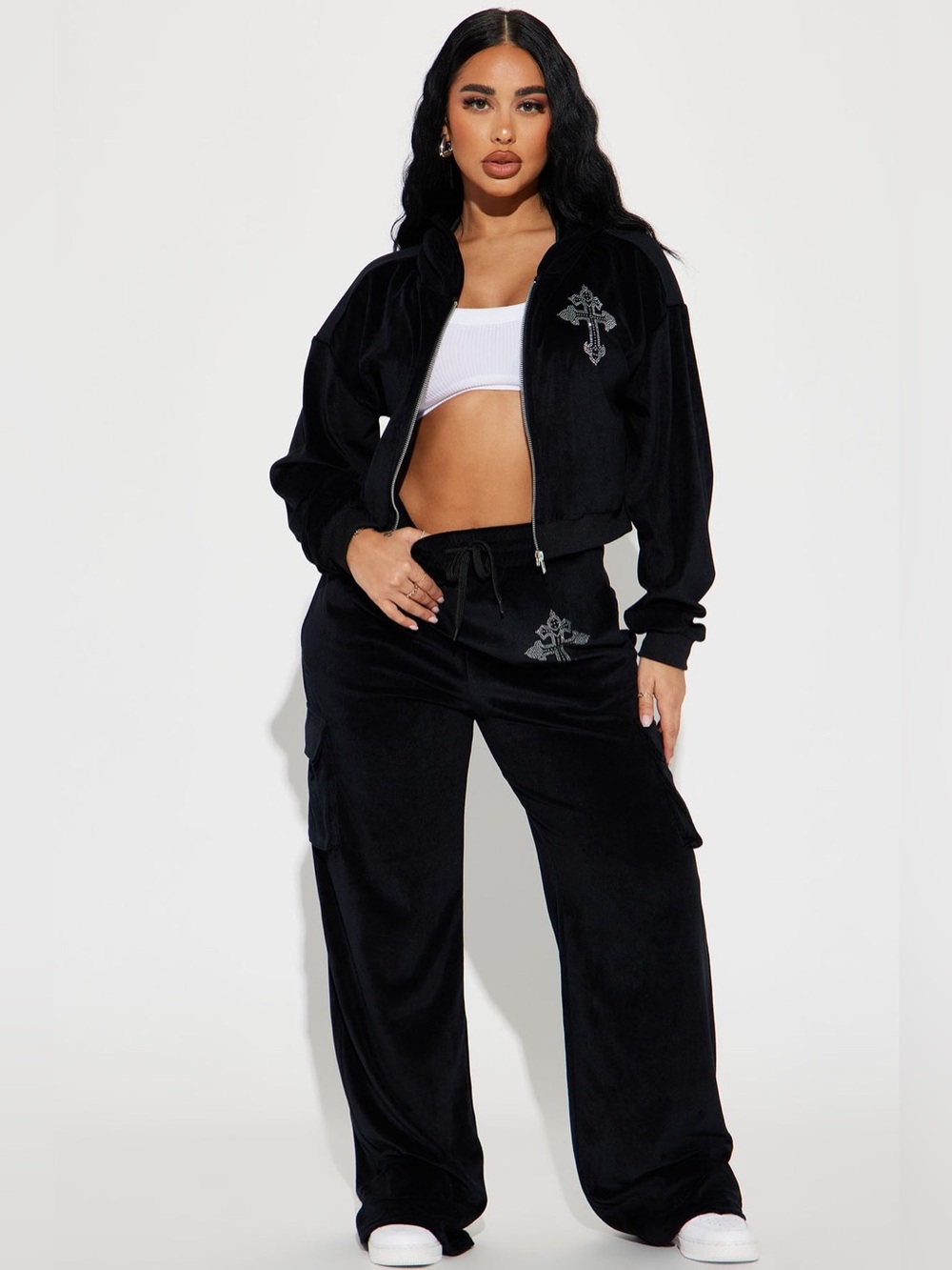 Fashion Nova Saint Rhinestone Velour Pant Set